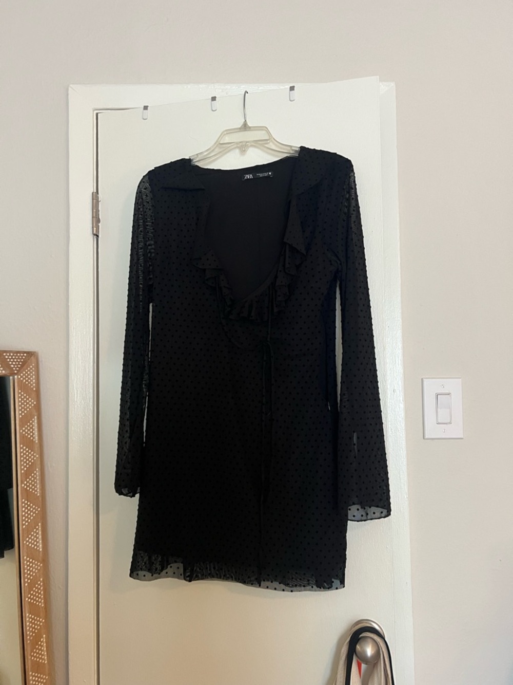 Zara Black Swiss Dot Ruffle V‑Neck Long Sleeve Dress